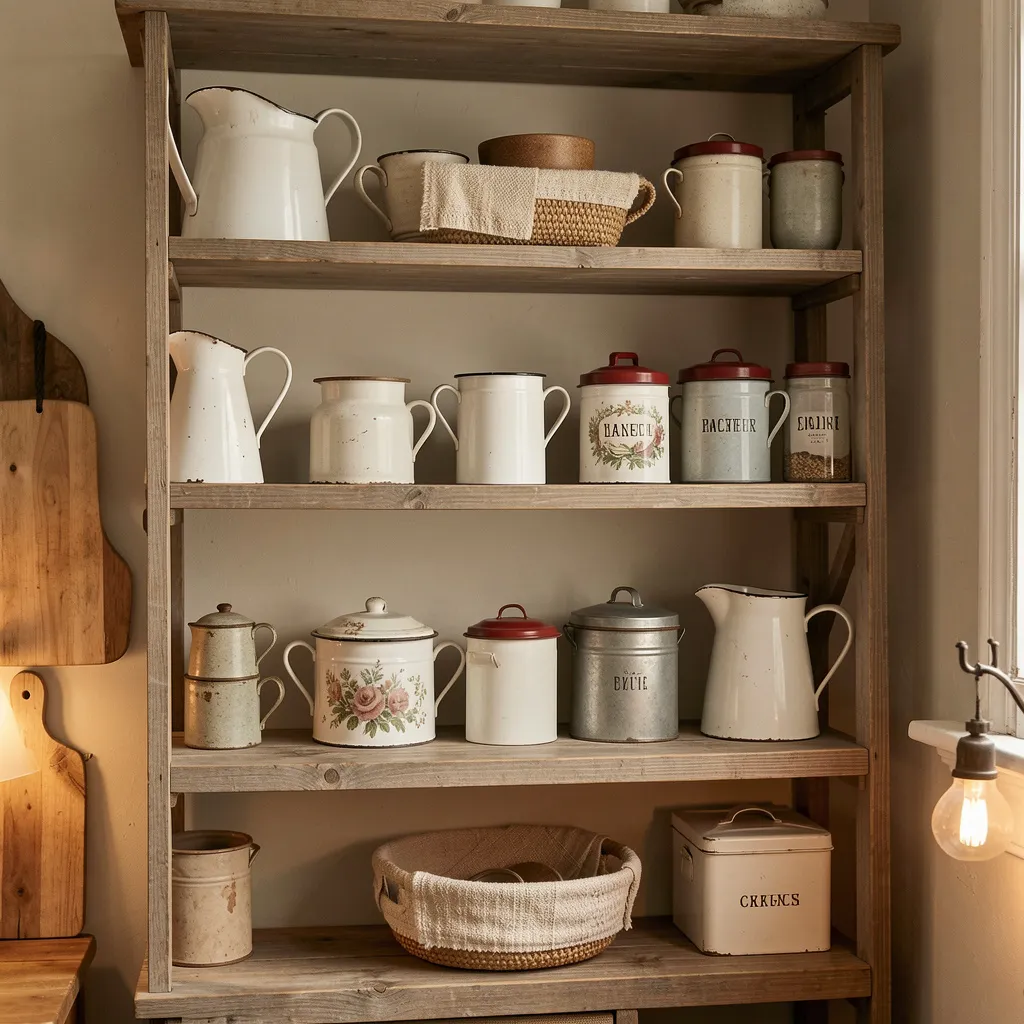 Vintage dinnerware and plates on a wooden shelf