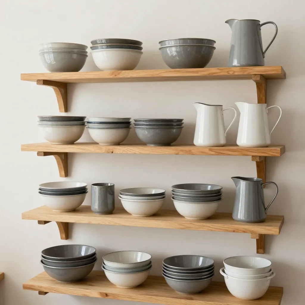 Vintage kitchen interior with wooden shelves and retro accessories